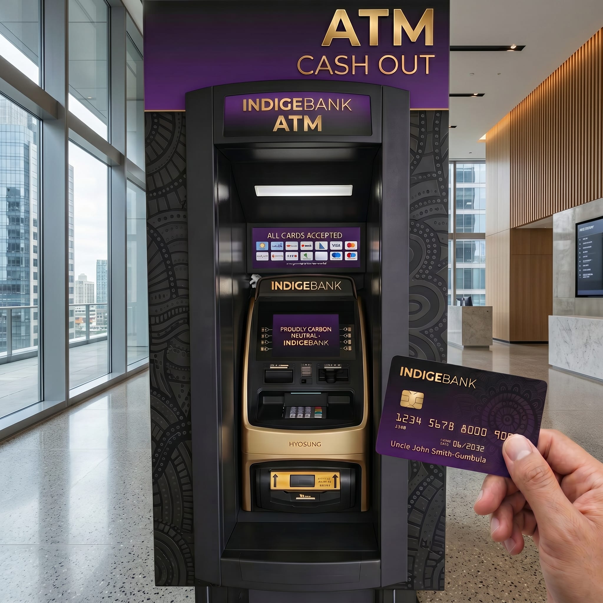 Purple and gold IndigeBank ATM and card concept in a contemporary city setting