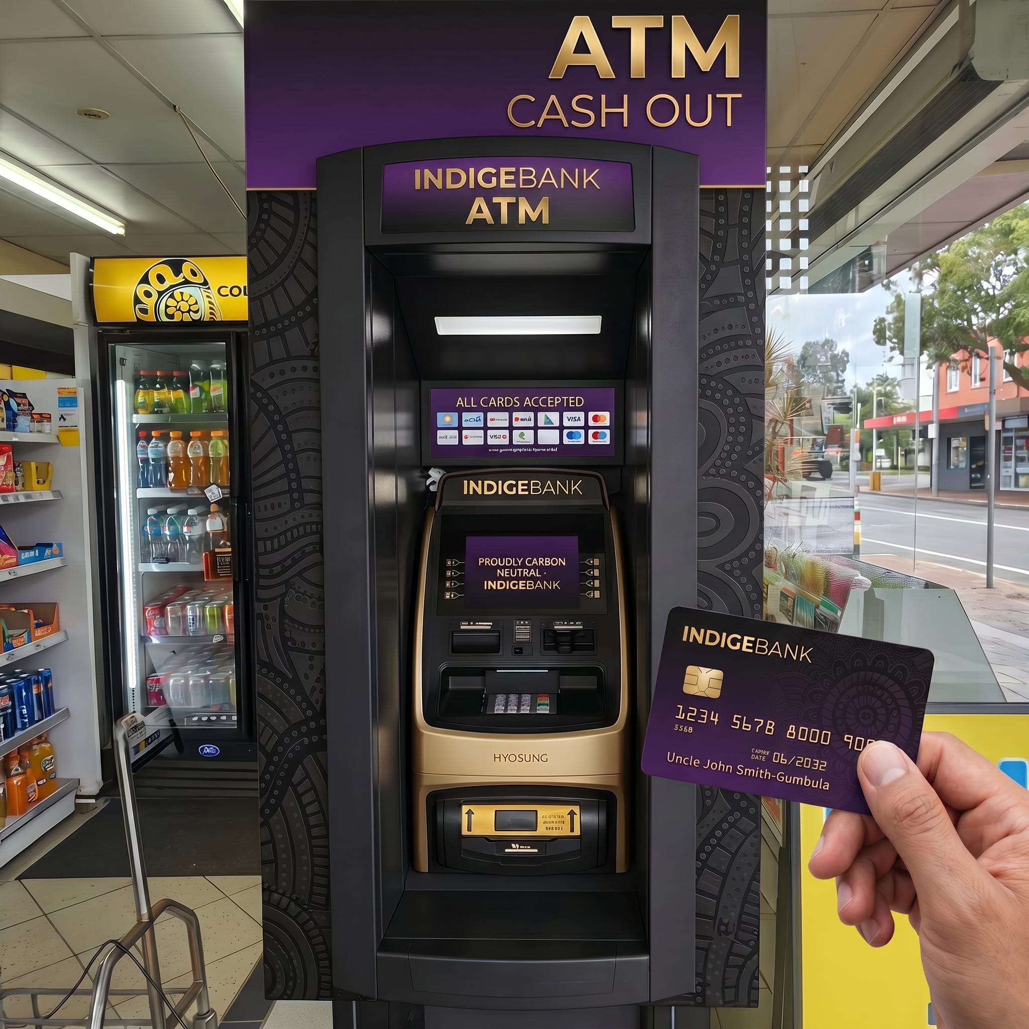 IndigeBank community ATM concept with a purple card held in the foreground