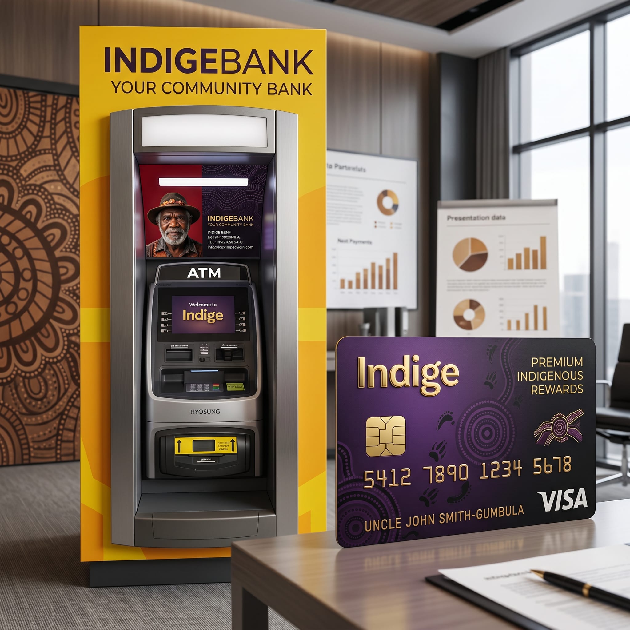 IndigeBank concept visual with a purple and gold Indigenous rewards card and community ATM